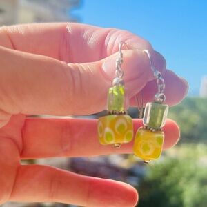 Green/Yellow/White Glass Bead and Sterling Silver Dangle Earrings